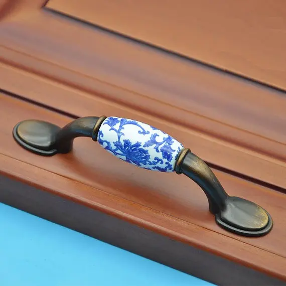 

Dresser Pulls Drawer Pull Handles Knobs / Blue Flowers Cabinet Door Handle Pull Knob / Porcelain Kitchen Cupboard Hardware