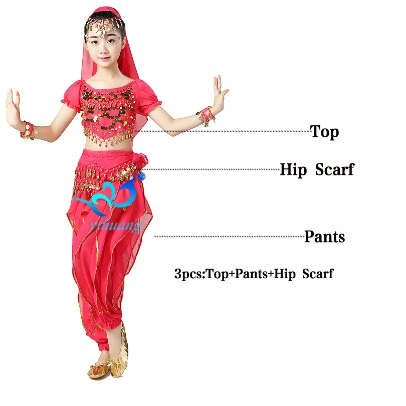 Индийские Костюмы Для Танцев Живота для девочек; Детский костюм на Хэллоуин; Детские вечерние костюмы для выступлений в цыганском египетском стиле; шифоновые комплекты из 6 предметов - Цвет: Rose Pink 3pcs