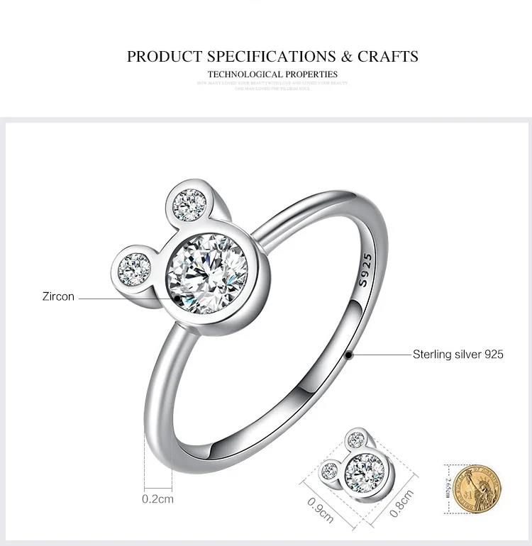 WOSTU, новая мода, настоящее 925 пробы, серебряные милые сверкающие Мультяшные кольца с мышкой для женщин и девушек, хорошее ювелирное изделие, подарок FIR032