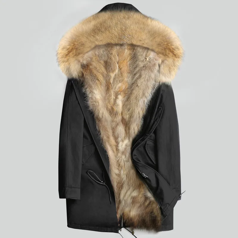 AYUNSUE пальто с натуральным мехом, мужская зимняя куртка, натуральный мех енота, пальто с капюшоном, теплые длинные куртки размера плюс, мужские парки LSY080391 KJ811 - Цвет: Black-yellow fur