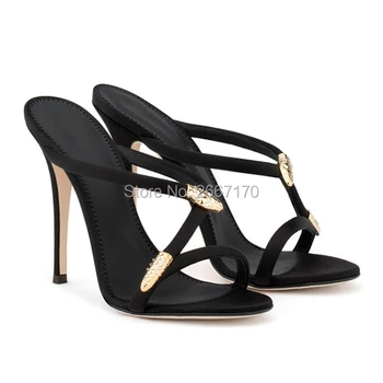 

Gold Black Ladies Summer Shoes High Heels Sexy Open Toe Crystal Slipper Rhinestone Studded Stiletto Sandals Slip On Slides Women