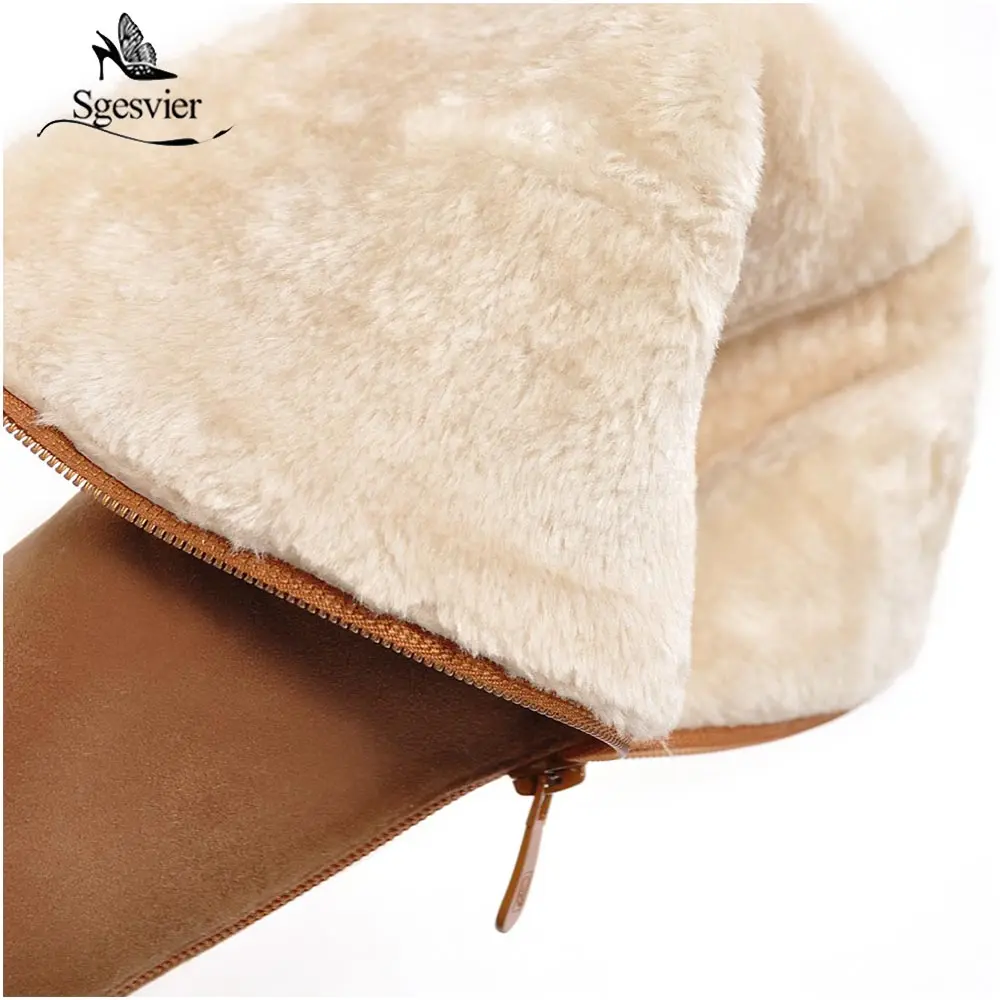 Skup SgesvierWomen buty damskie zimowe buty kobieta futro ciepłe buty na śnieg moda kwadratowe wysokie obcasy buty do kolan czarne buty