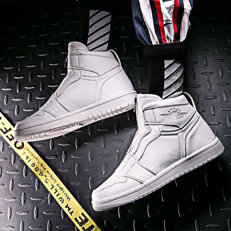 

Fashion Men's hip hop street dance Shoes white High Top sneakers zipper Autumn Winter Casual leather Shoes Boys zapatos hombre