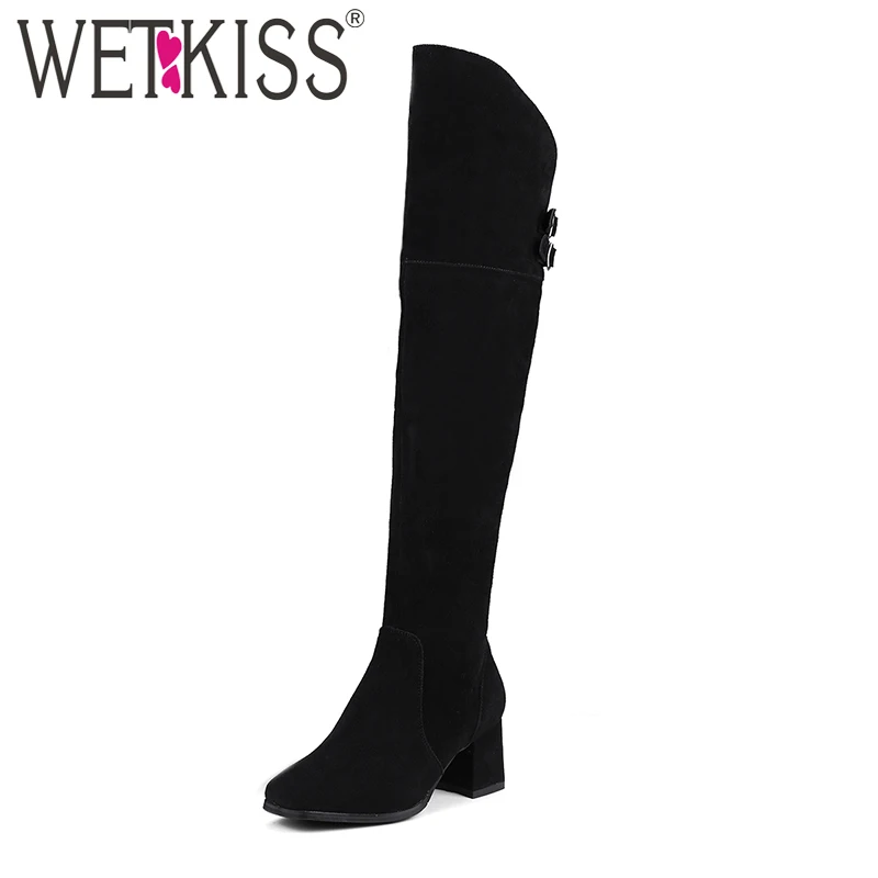 

WETKISS Fashion Square toe Over the Knee Boots Women Full Leather Suede Winter Boots Short Plush Zipper Square Heels Footwear
