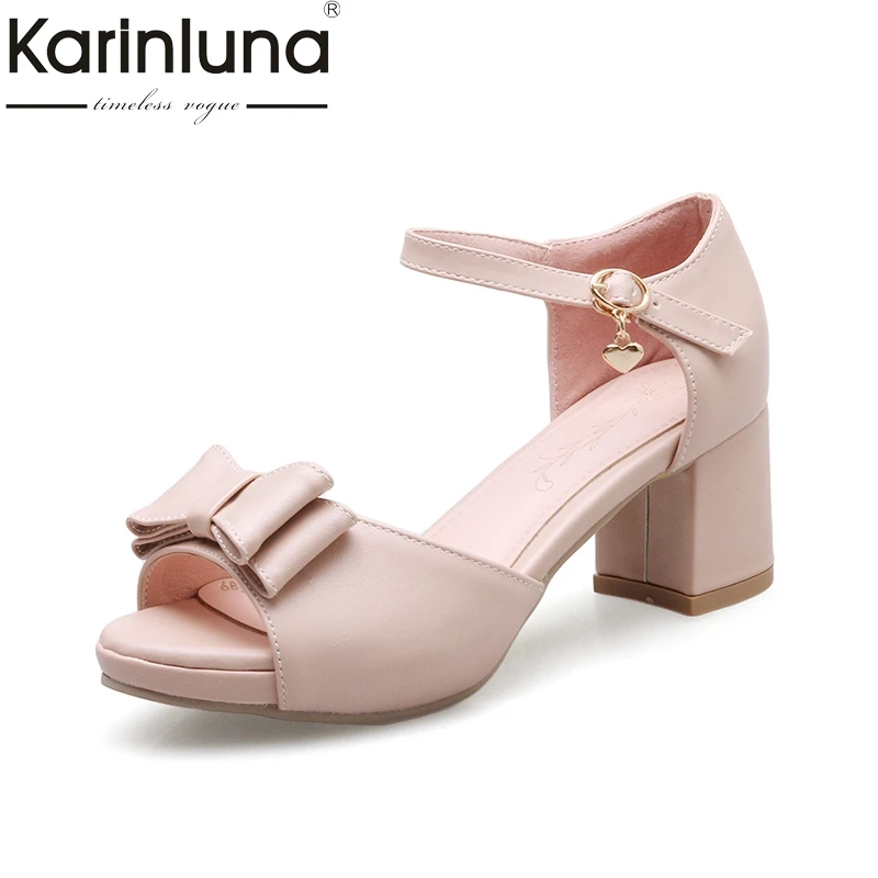 

KARINLUNA 2018 Fashion Brand Shoes Women Sweet Bow Peep Toe Summer Shoes Sandals Woman Footwear Square Heels Woman Shoes