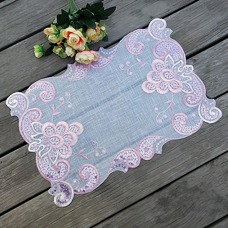 Light Purple Tulle Lace Flowers Embroidery Sequin Placemat dish drying