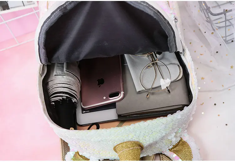 Rdywbu 2 lentejuelas unicornio Mochila de moda brillo libro de la Escuela de chicas lindo holograma láser de cuero de la PU de viaje Mochila B616