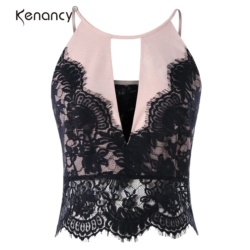 

Kenancy Lace Trim Eyelash Panel Scalloped Edge Camisole Tank Top Color Block Plunging Neck Lace Trim Scalloped Cut Out Camisole