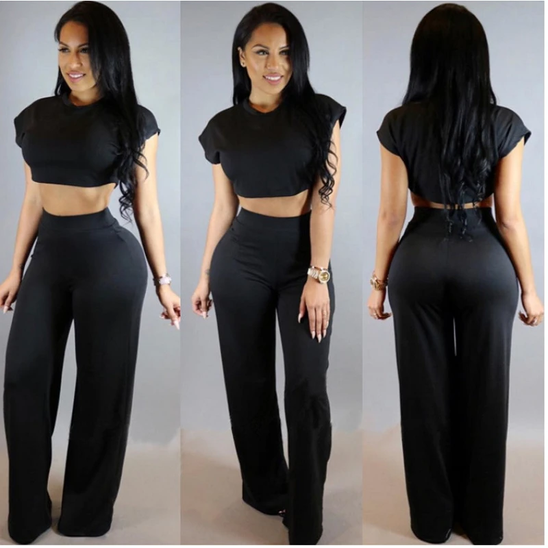 2017 Verano Camisa corta Y Cintura Alta Pantalones Largos pantalones Anchos  de La Pierna Trajes de dos Piezas Para Las Mujeres Monos Y Mamelucos  Elegante Mono Mujer|outfits for women|crop top outfitstwo piece