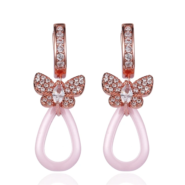 Elegant Pink Ceramic Clip On Earrings Rose Gold Zircon Erfly Ear Elegant Pink Ceramic Clip On Earrings Rose Gold Zircon Erfly Ear Cuff Hollow Water Drop