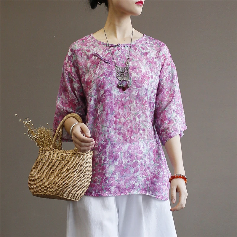 

Johnature Women Clothes 2019 New Summer Shirts Casual Short Sleeve Button Print O-neck Tops Vintage Linen Loose Women Blouses