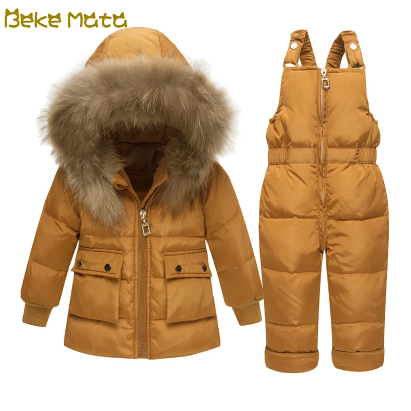 

BEKE MATA Baby Down Jackets For Girls Winter 2018 Fur Hooded Kids Coat Boys Clothes Set Coat+Pant Thicken Down Children Snowsuit