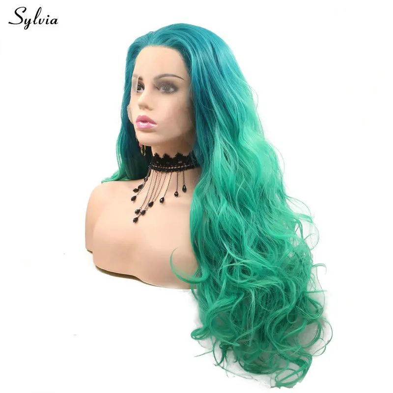 Sylvia Free Part Hair Ombre Malachite green Synthetic Lace Front Wig Women's Cosplay 2T Mermaid Color High Temperature Body Wave