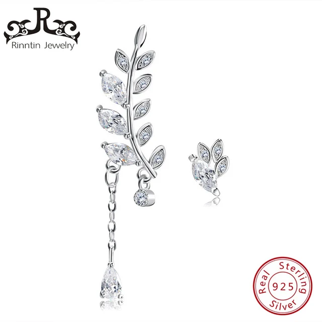 Rinntin 100% Sterling Silver Leaf Silver Color Stud Earring AAA Cubic Zircon Asy Rinntin 100% Sterling Silver Leaf Silver Color Stud Earring AAA Cubic Zircon Asy