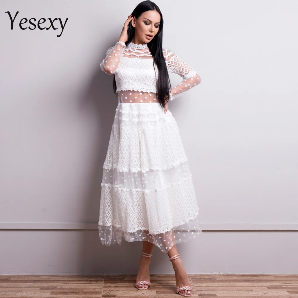 Yesexy женское сексуальное платье в горошек с высоким воротом и длинным рукавом женское кружевное платье просвечивающее повседневное элегантное платье VR18425