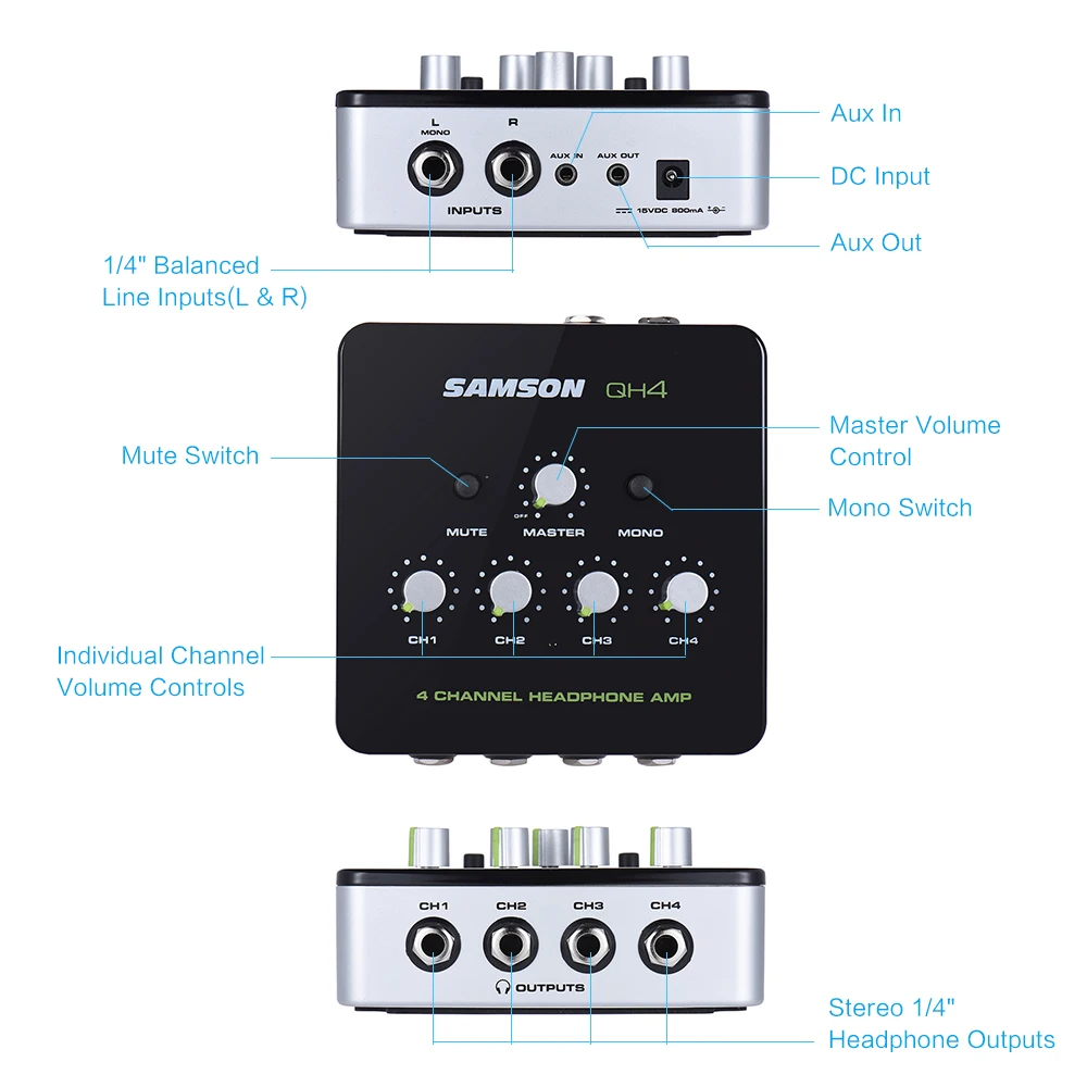 Самсон QH4 ультракомпактный 4-канальный видеорегистратор мини аудио стерео DJ мониторинг усилитель для наушников с Мощность адаптер