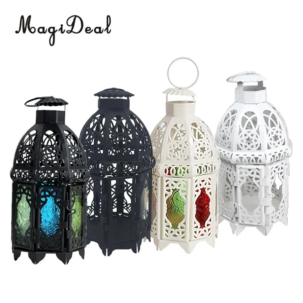 Moroccan Vintage Metal Hollow Glass Moroccan Hanging Tea Light Holder Candle Lantern Xmas Decor