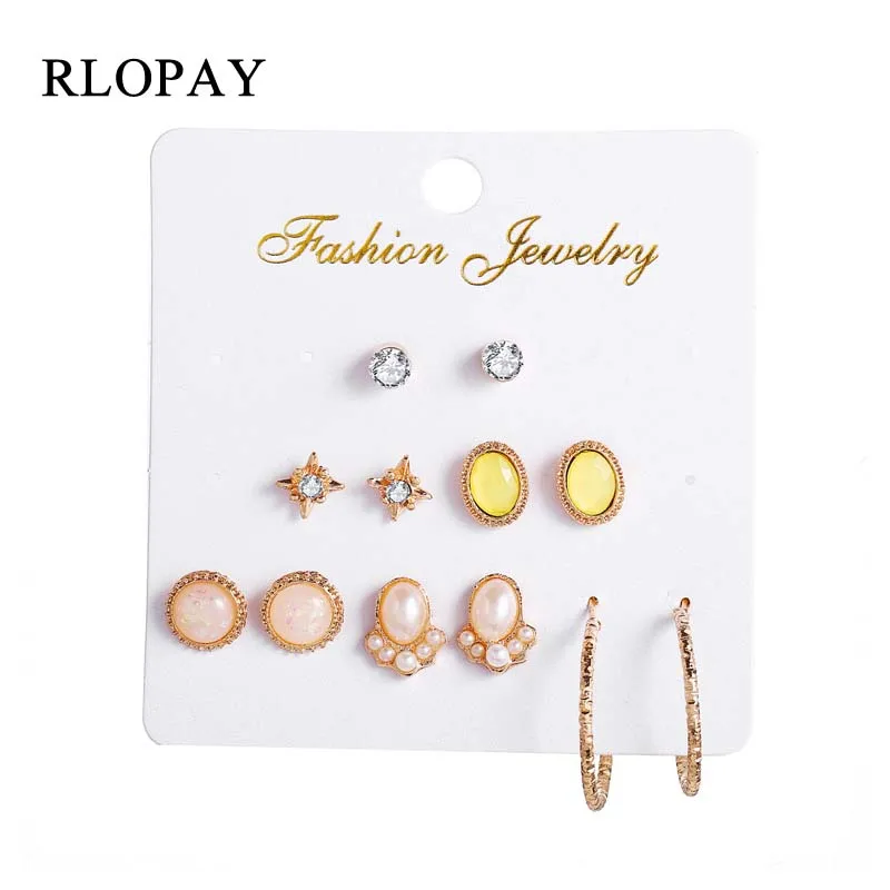 RLOPAY 6 Pairs/sets Alloy Geometric Earrings Women Girl Fashion Pearl CZ Bead Gold Color Jewelry Metal Stud Set | Украшения и