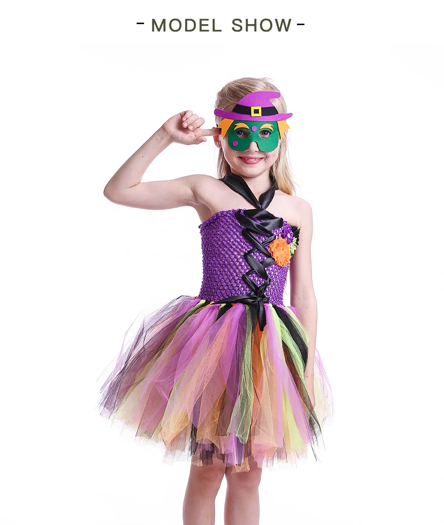 Girls Witch Tutu Dress with Mask Rainbow Style Kids Halloween Costumes Tulle Flower Baby Girl Fancy Carnival Party Tutu Dresses (5)