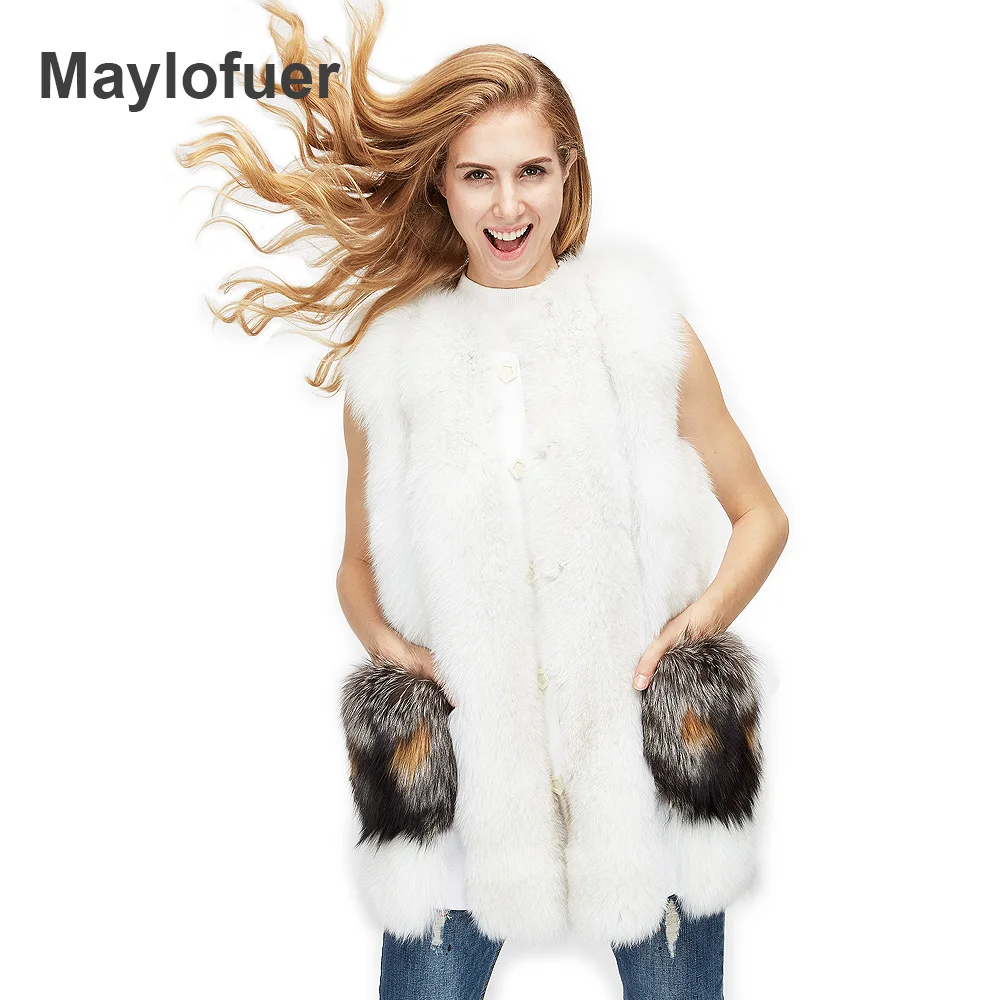 

Maylofuer Women Real Blue Fox Fur Vest with Red Fox Fur Pocket High Quality Medium Long Waistcoat Female Winter Genuine Fox Fur