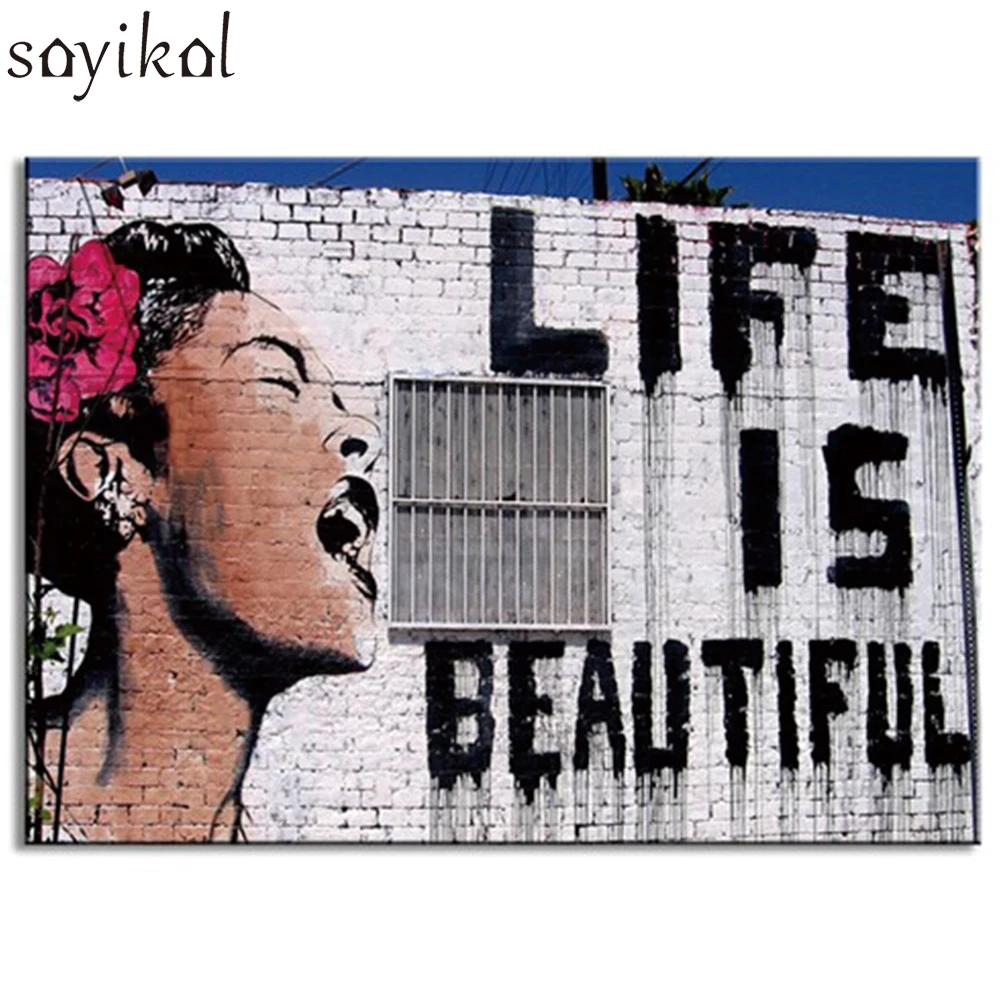

Large Size Print And Poster Street graffiti Life Is Beautiful Modern Realist Picture Wall Art Paintings Canvas For Living Room
