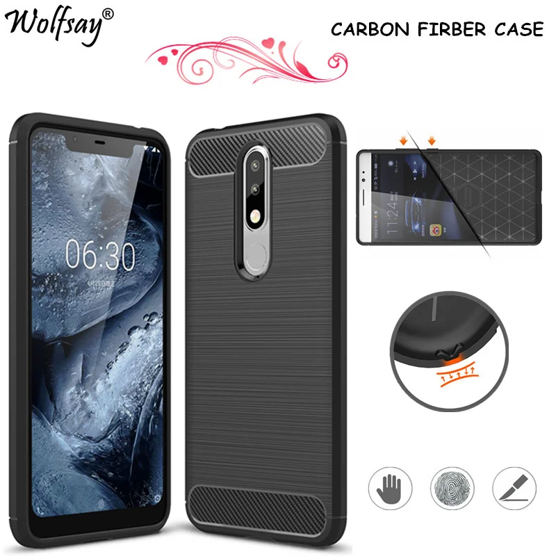 

Wolfsay Carbon Fiber Case sFor Nokia X5 Case Bumper TPU Silicone Cover For Nokia 5.1 Plus Case For Nokia X5 Shell Fundas TA-1109