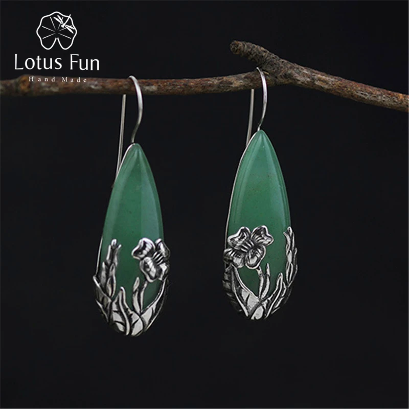 

Lotus Fun Real 925 Sterling Silver Natural Stone Handmade Fine Jewelry Embossed Plantain Leaves Drop Earring for Women Brincos