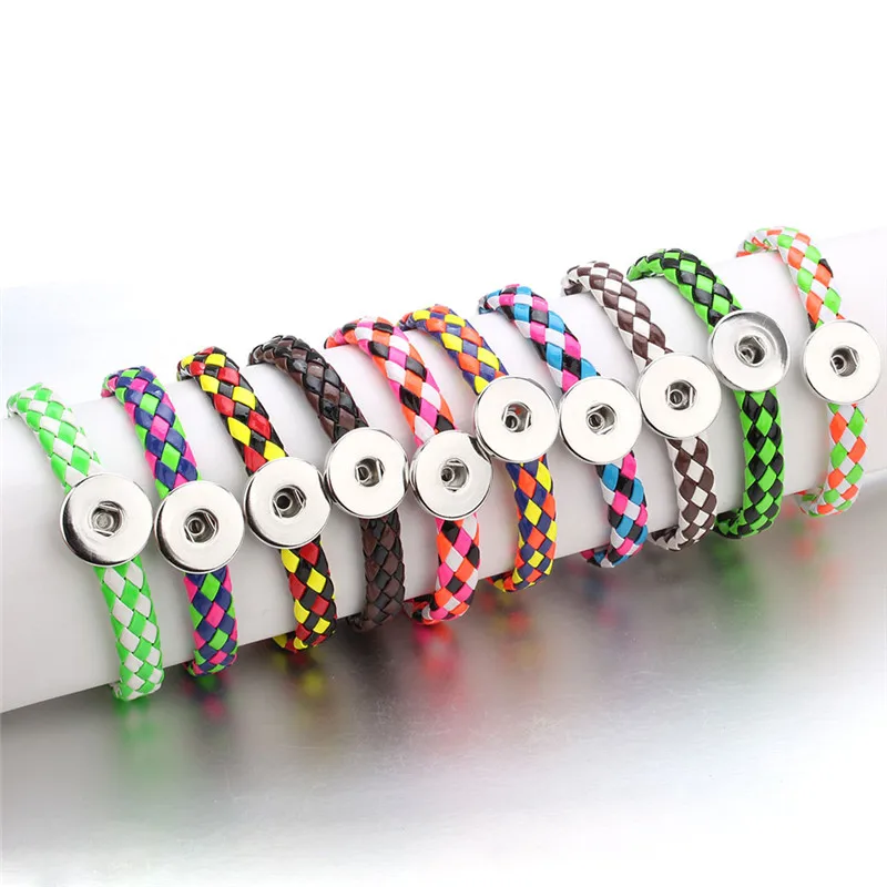 

Cheap Hot Fashion Trendy Charm Braided Bracelet 18MM Snap Button Leather Bracelet Woven Rope Handmade Jewelry For Men Women