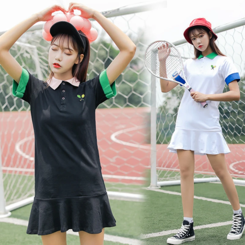 

Summer Chic Polo Collar Short Sleeve Spell Color Women Dress Sweet Cute Rackets Embroidery Casual Sporting Student Mermaid Dress