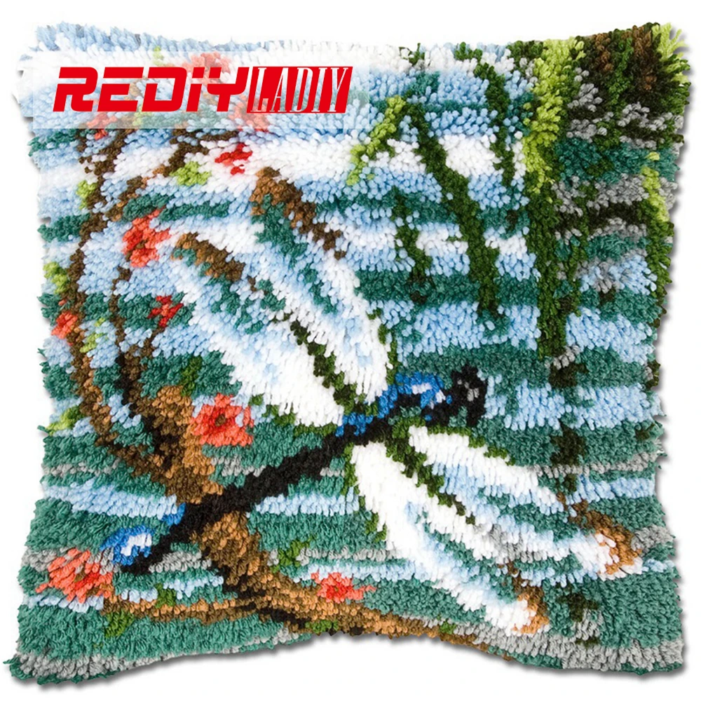 

REDIY LADIY Latch Hook Cushion Kits for Yarn Embroidery Home Sofa Car Decorative Pillow Case Dragonfly Pre-Printed Canvas Crafts