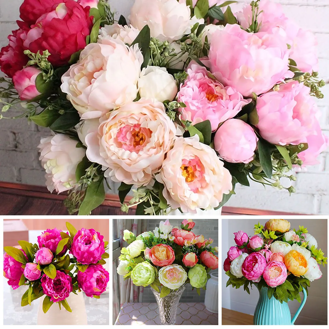Chinese Style Silk Flower Bouquet 7 Heads Fall Vivid Peony Fake Leaf Artificial FlowersWedding