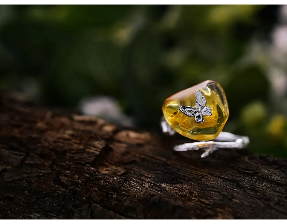 Lotus весело Настоящее стерлингового серебра 925 натурального янтаря ручной работы дизайнер ювелирных украшений оглядываясь назад Butterfuly кольца для женщин Bijoux