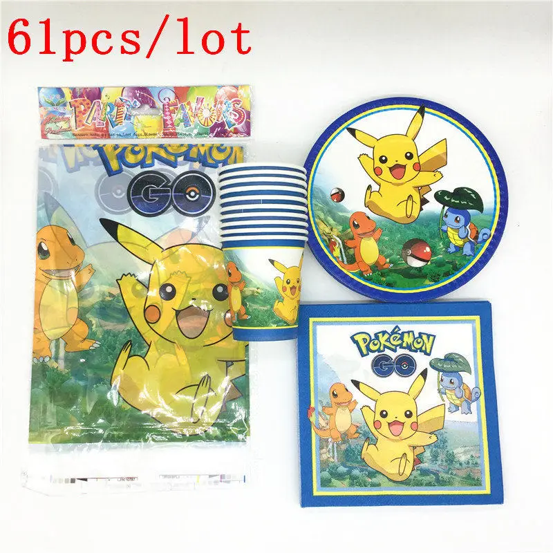 

Cartoon 61Pcs Pokemon Go Babys Birthday Party 20Pcs Napkins+20Pcs Cups+20Pcs Plates+1Pcs Tablecloth For Event Party Supplies