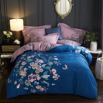 

Watercolor Floral Printed Blue with Pink Bedding Set Queen King Size Duvet Cover 200/230cm 220/240cm Brushed Cotton Fabric