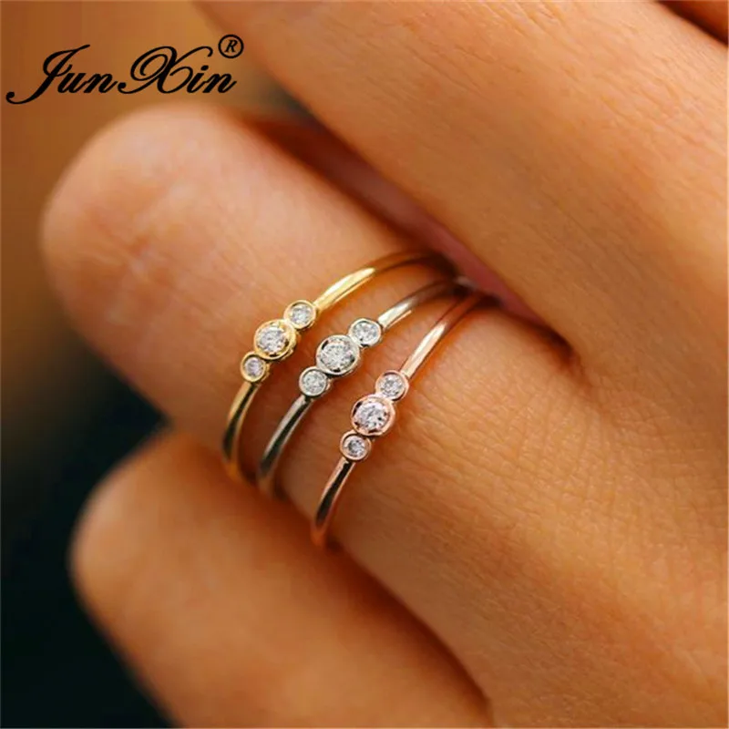 JUNXIN Stacking Female Thin Ring With Stone 925 Silver Rose Gold Filled Dainty Wedding Rings For Women White Zircon Midi Ring CZ