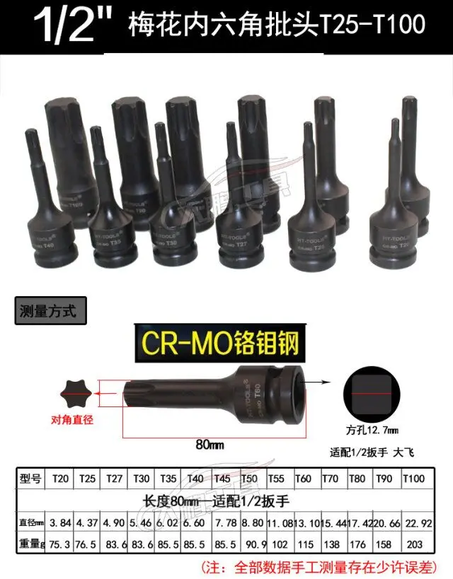 1 шт. 1/2 воздействия Torx trx-звезды розетка с алмазным напылением для T50 T52 T55 T60 T70 T80 T90 T100