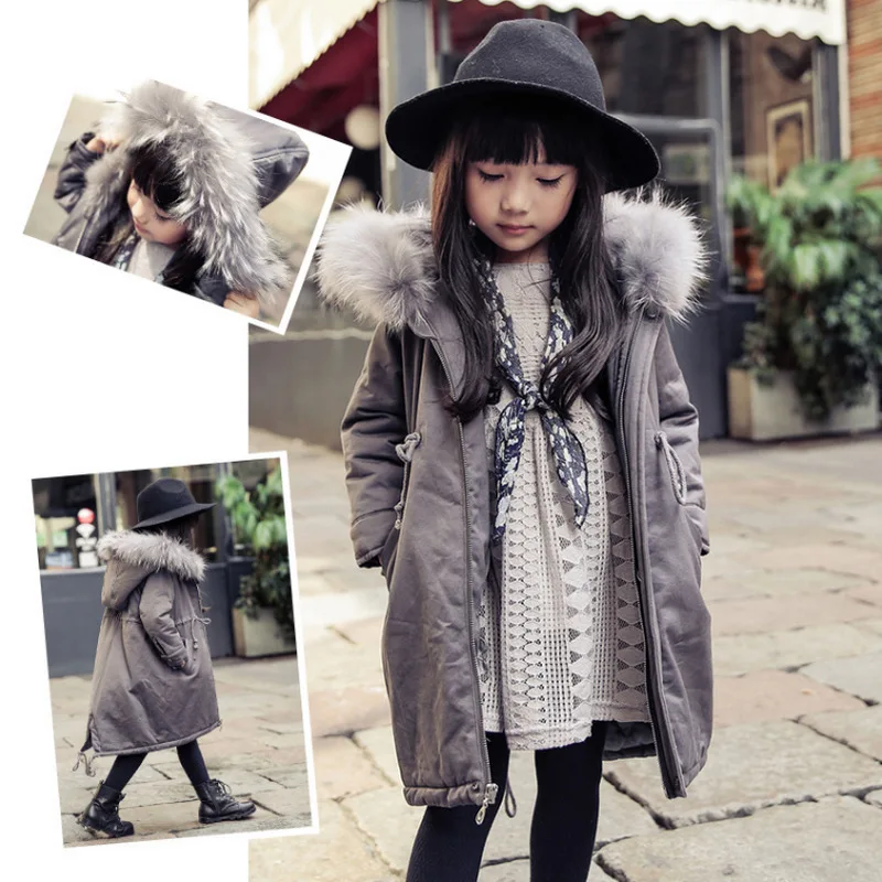 2018 мода зима девушки хлопка windcoat с меховым воротником шерстяное пальто Детская куртка высокого качества детская куртка с капюшоном 17n1120