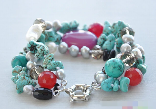 

01337 3row 8" green turquoise pink black agate gray pearl bracelet