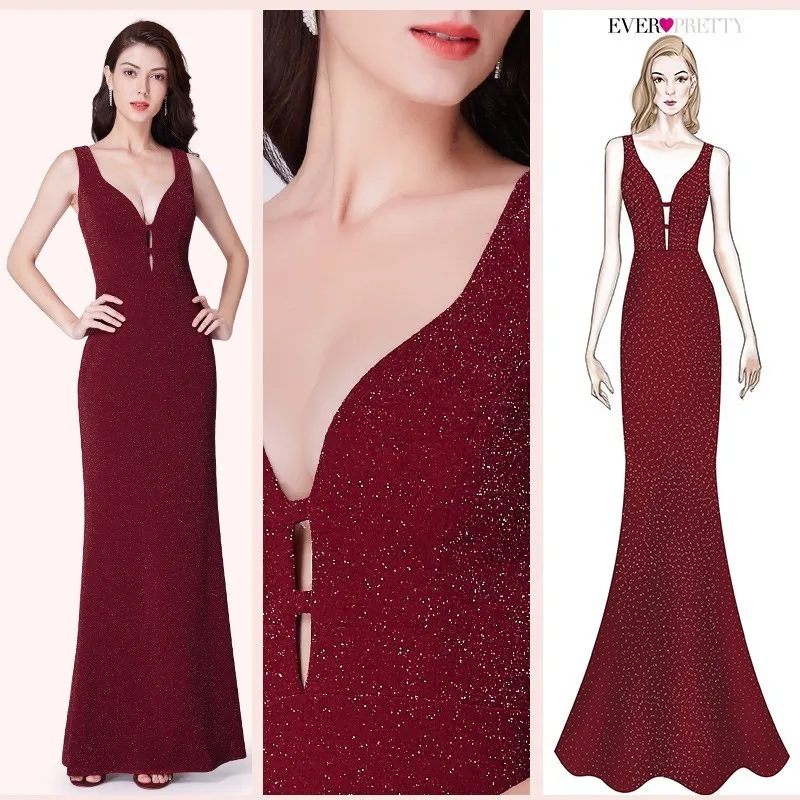 

Burgundy Prom Dresses Long 2019 Ever Pretty V-neck Sparkle Sexy Mermaid Sleeveless Formal Dress Women Elegant Evening Party Gown