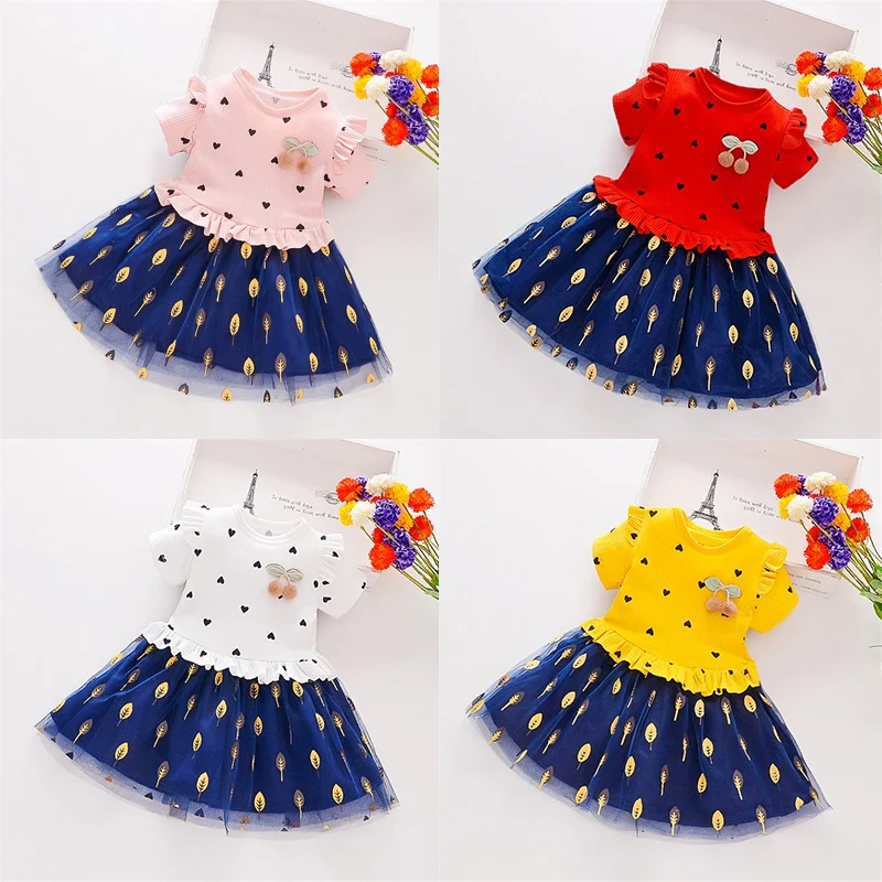 

Summer Baby Girls Casual Short Sleeve Heart Leaves Pattern Patchwork Dress Kids Toddler Princess Sundress