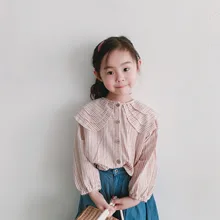 Детская рубашка на весну и лето года, Корейская хлопковая рубашка с длинными рукавами и конопляным принтом, рубашка для девочек с большим воротником в виде листа лотоса