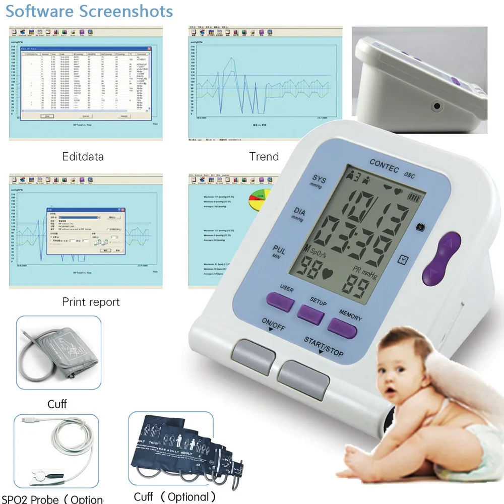 

Automatic Electronic Multi-user Mode Blood Pressure Monitor CONTEC08C With Soft Ware| Optiona/Spo2 Probe, Free Ship,CE FDA