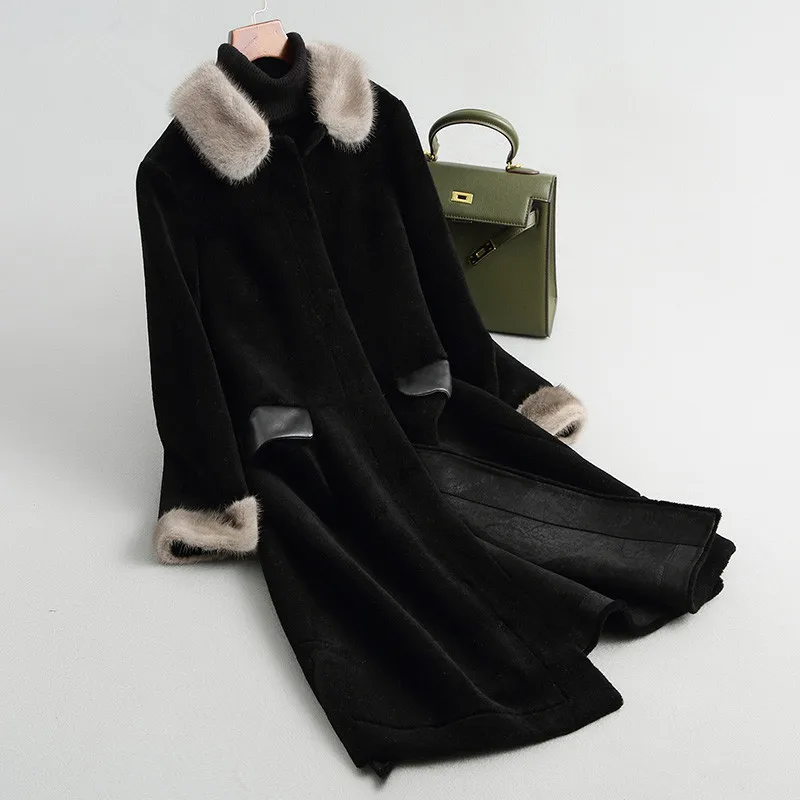 

Real Fur Coat Sheep Shearling Fur 100%Wool Coat Winter Jacket Women Mink Fur Collar Korean Long Coat Abrigo Mujer KQN68288MY1939