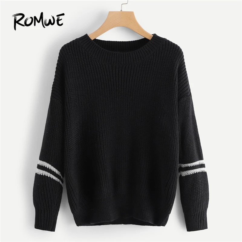 ROMWE/черный свитер в полоску с открытыми плечами, Модный женский свитер, топы, Женская Повседневная осенняя одежда, пуловеры, джемпер
