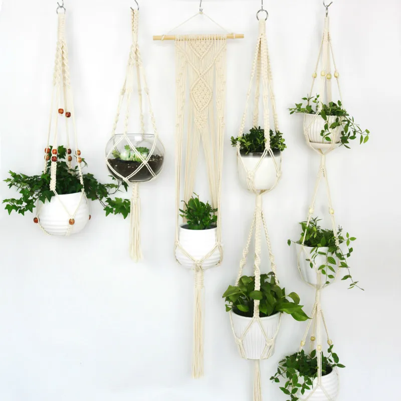 

5pcs Set Hand-woven Flower Pot Basket Net Bag Macrame Wall Hanging Balcony Decorations Plant Hanger