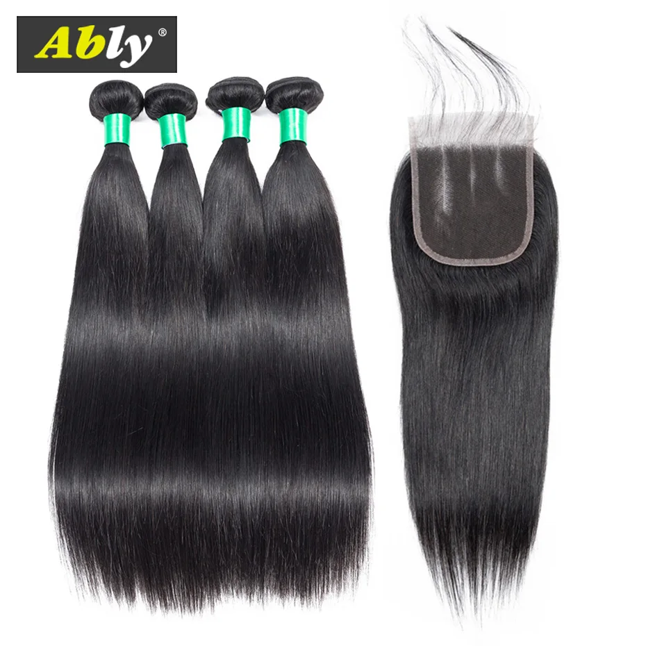 Straight Hair Bundles With Closure Peruvian Hair Bundles With Closure Ably Remy Hair Extensions 4 Bundles With 4x4 Lace Closure