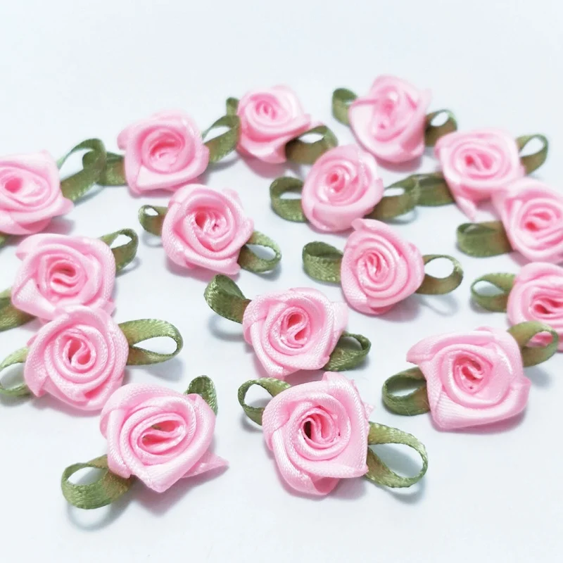 HL 100 шт оптом и в розницу Розовые розы ленты цветы с аппликацией листьев Свадебные украшения Швейное Ремесло «сделай сам» A989