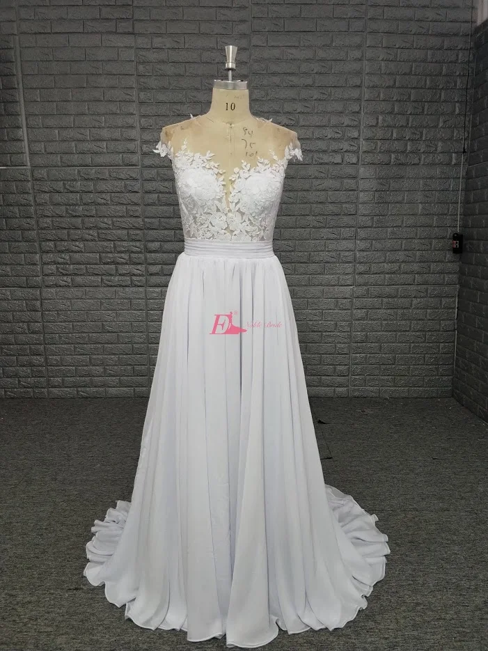 2019 Wedding Dress Boho Backless Sheer Applique Lace Scoop A Line