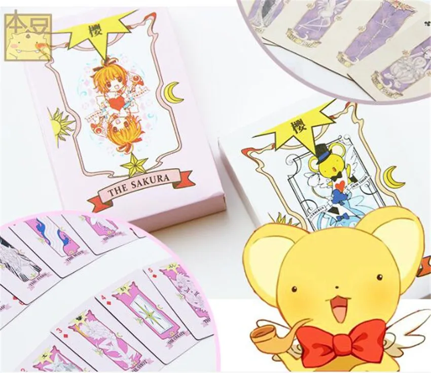 

Anime Cosplay Card Captor Sakura KINOMOTO Tarot With Clow Cards Poker Magic Book Set in Box Prop Gift Playing Cards Des A632