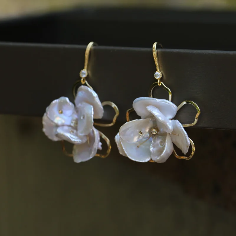 

Designer handmade shell flowers large edition ear hook earrings